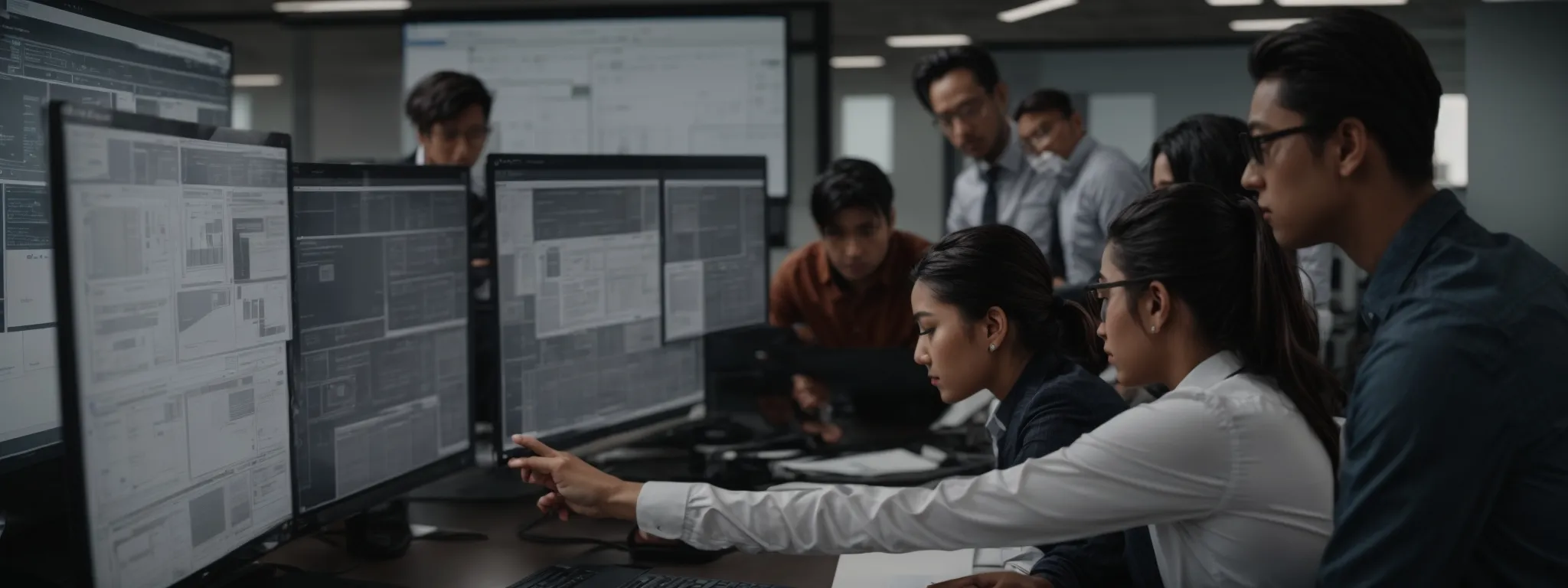 a professional team reviews wireframes and design layouts on a computer screen in a modern office environment.