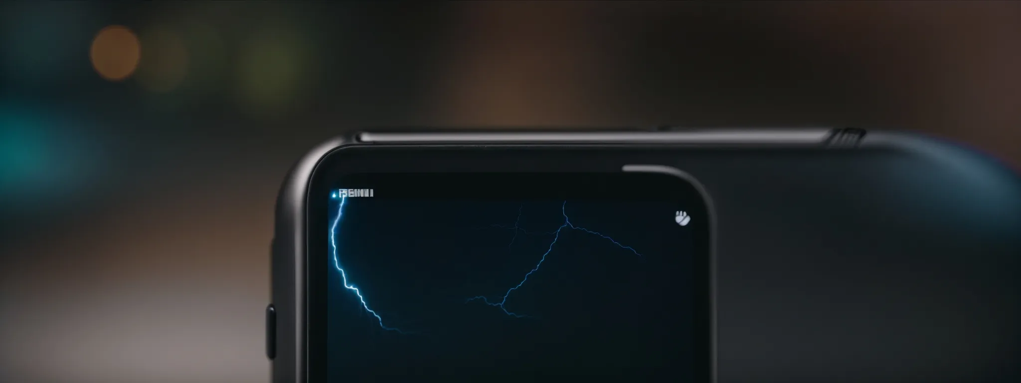 a smartphone displaying a lightning bolt icon on the screen against a blurred background.