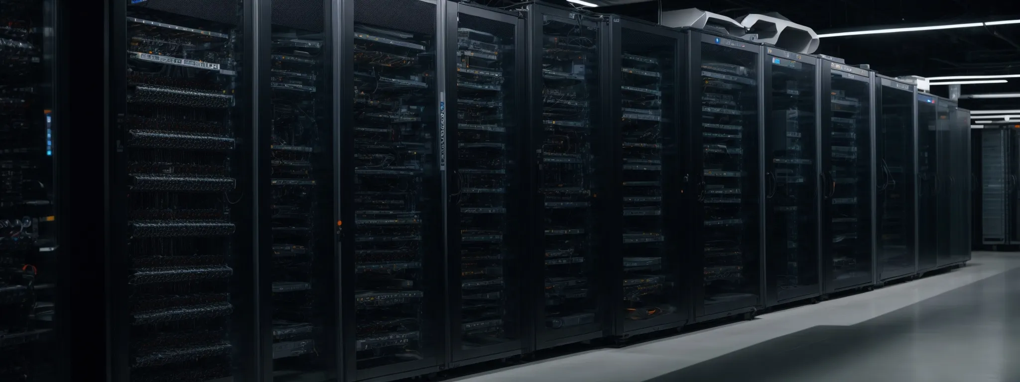 a wide-angle view of a modern, well-organized server room with rows of equipment indicating seamless digital infrastructure.