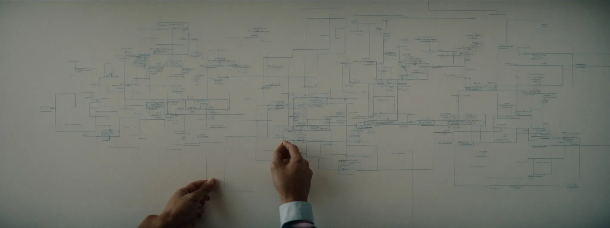 a person studying a complex flowchart representing an algorithm.