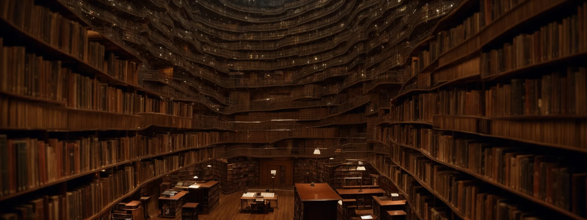 a sprawling library interior with endless rows of bookshelves under a vast, ornate dome.