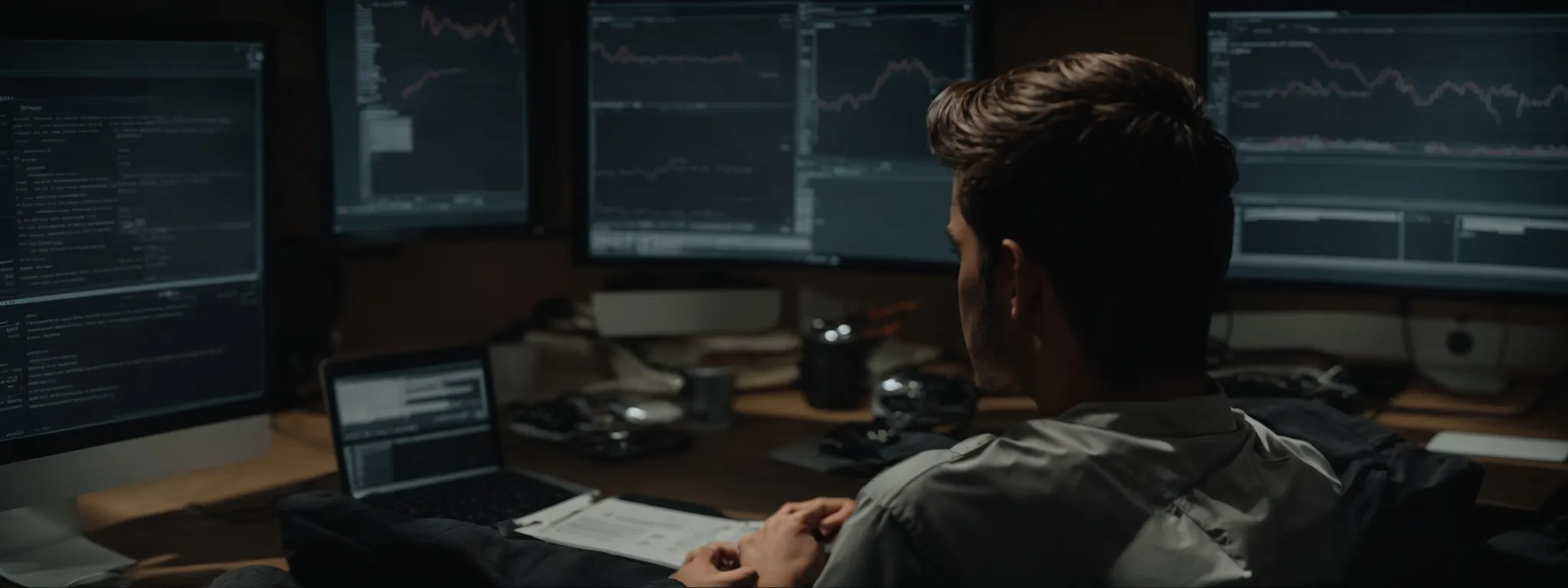 a person seated in front of a computer screen displaying website analytics while making adjustments to a web page layout.