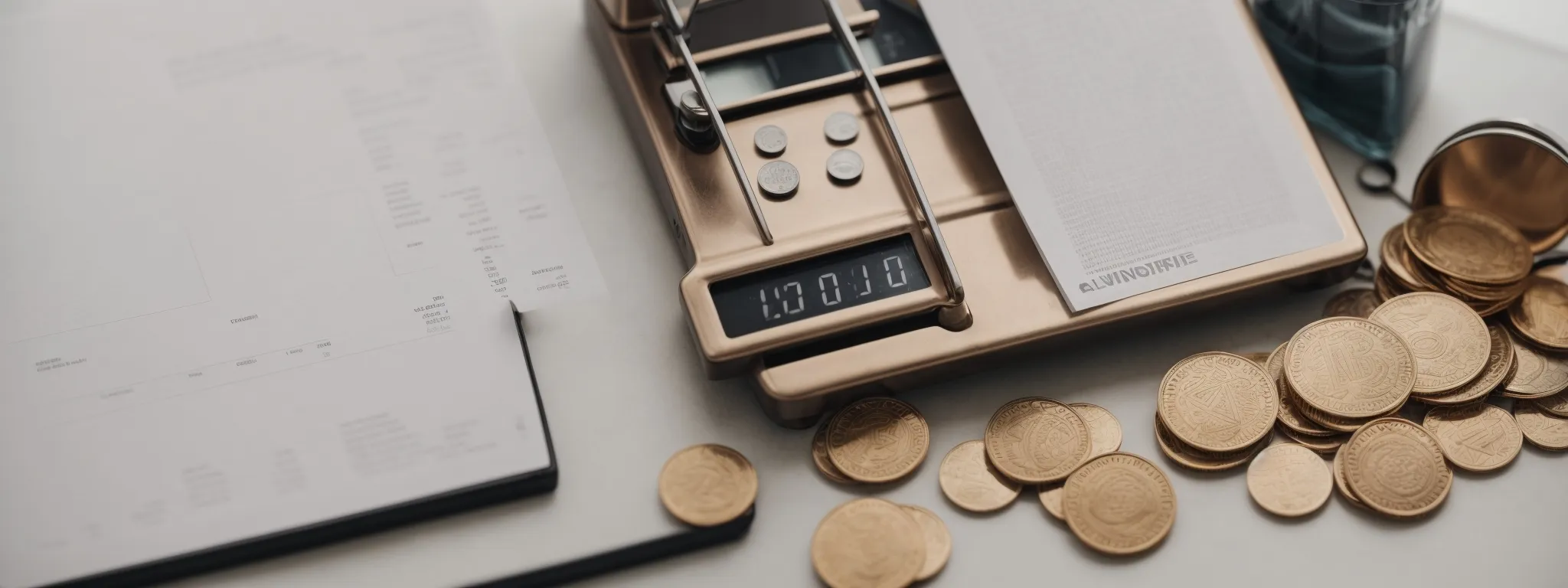 a balance scale with a graph representing seo on one side and a pile of coins symbolizing paid advertising on the other.