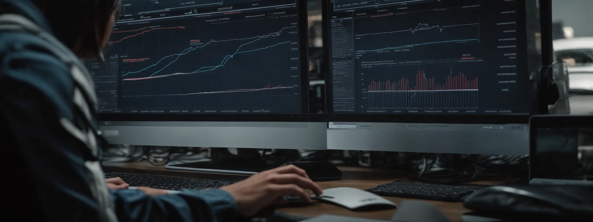 a person intensely scrutinizes multiple graphs and analytics on a computer screen to optimize website seo strategies.