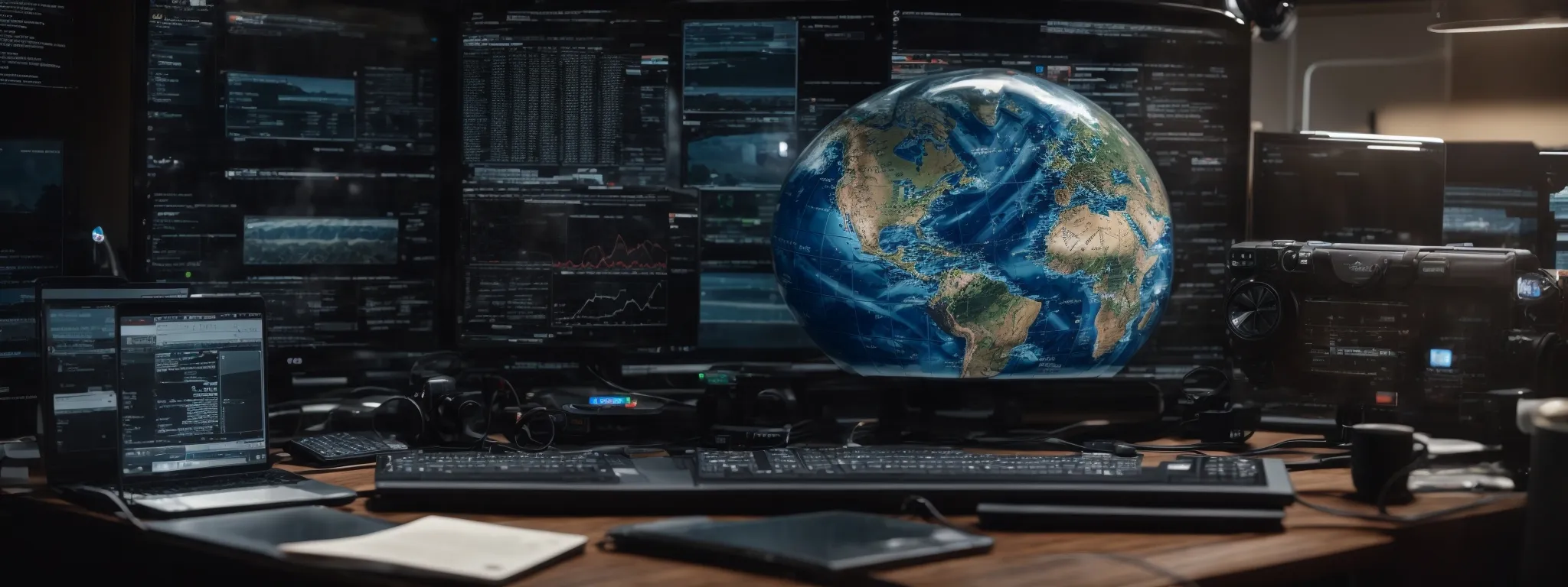 a planet earth globe surrounded by multiple digital devices displaying graphs and webpages.