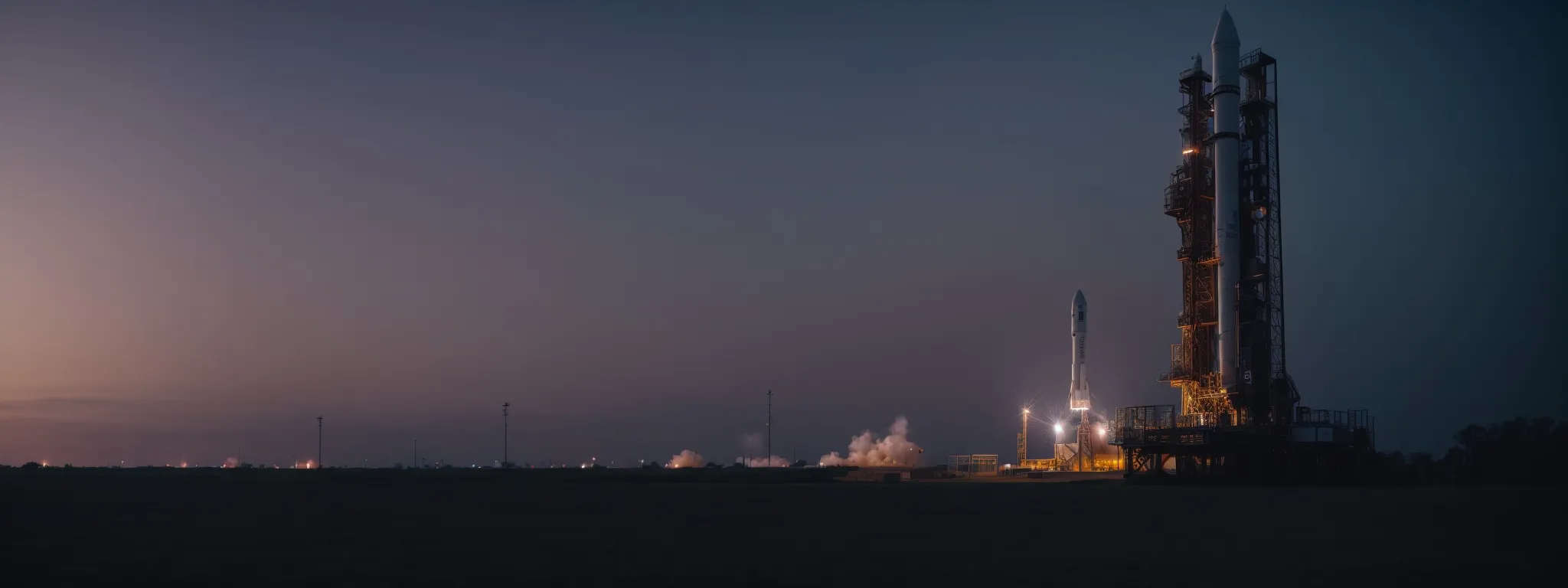 a rocket on a launchpad against a pre-dawn sky, symbolizing the strategic preparation for a website launch.
