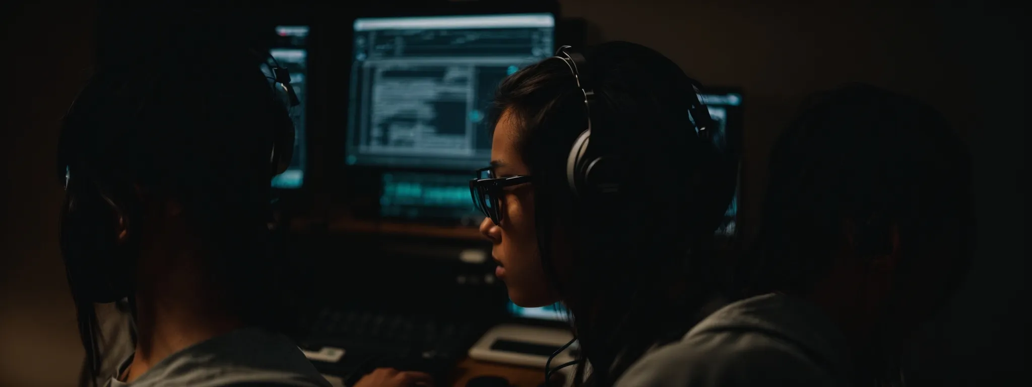 a person with headphones intently listens to a podcast on their computer, surrounded by social media icons and magnifying glasses representing seo.