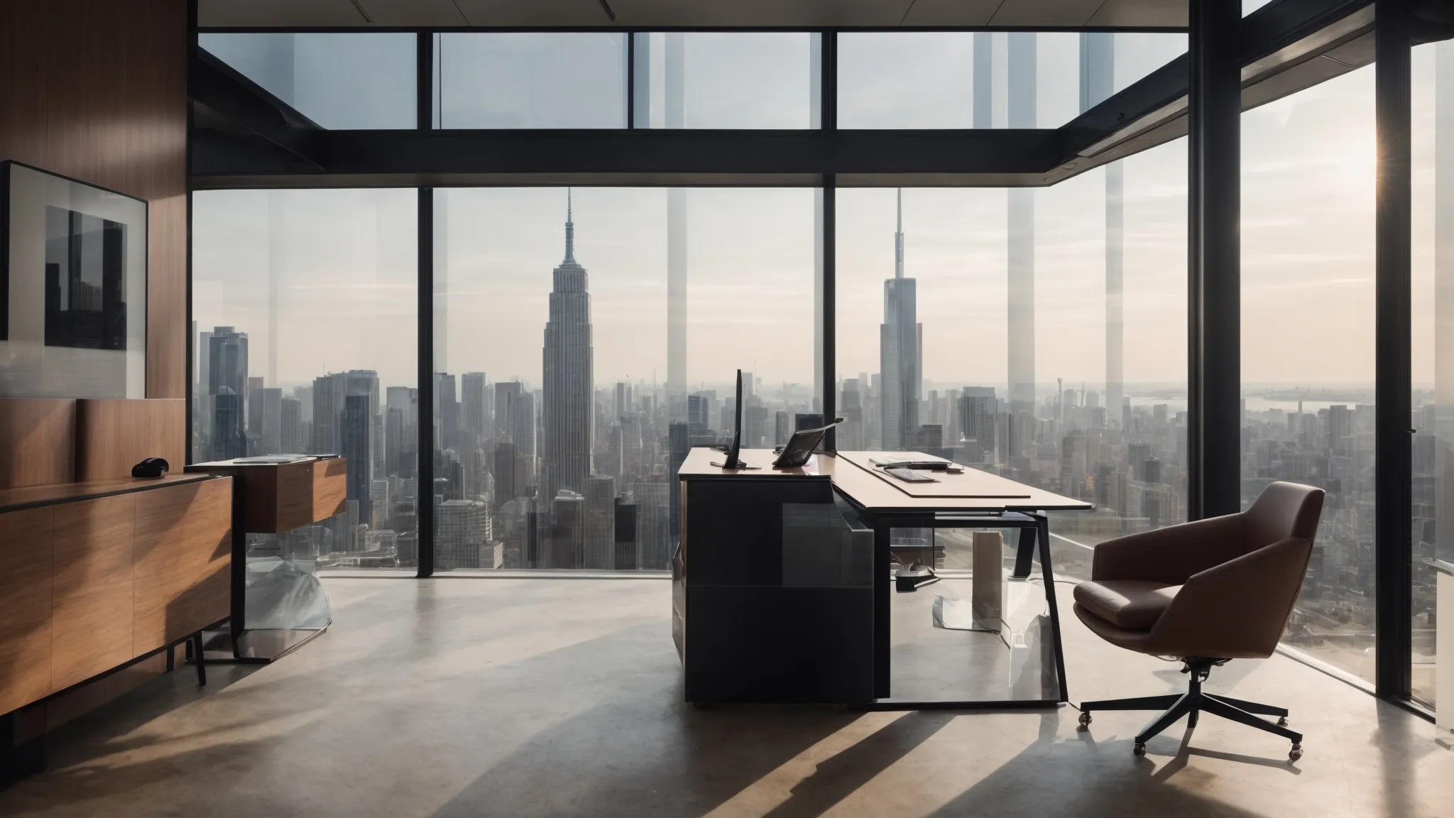 a sleek, modern office with a prominent, empty desktop and a cityscape in the background.