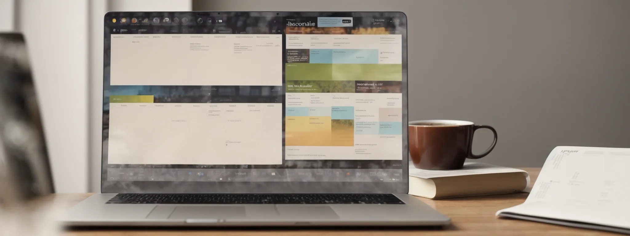 a laptop with an open calendar application displays a schedule filled with topic deadlines, flanked by seo books and a steaming cup of coffee on a minimalist desk.