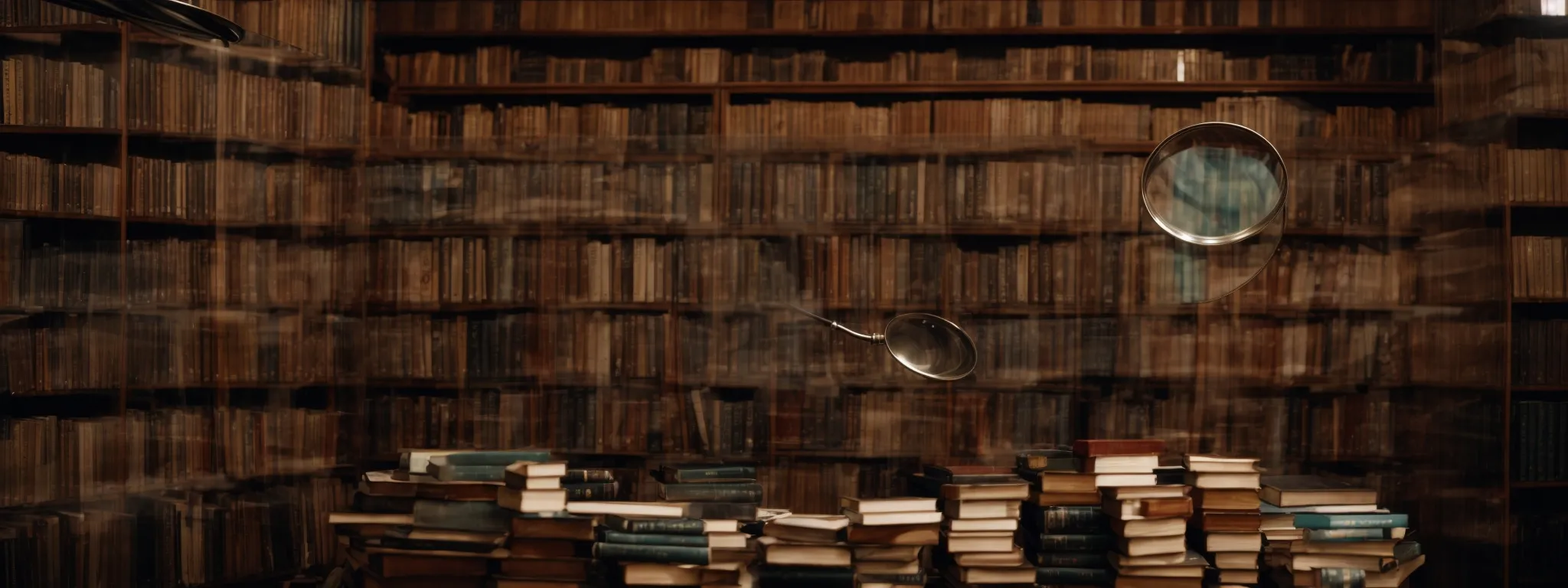 a library with a giant magnifying glass hovering over neatly organized books, symbolizing the analysis and organization of information.