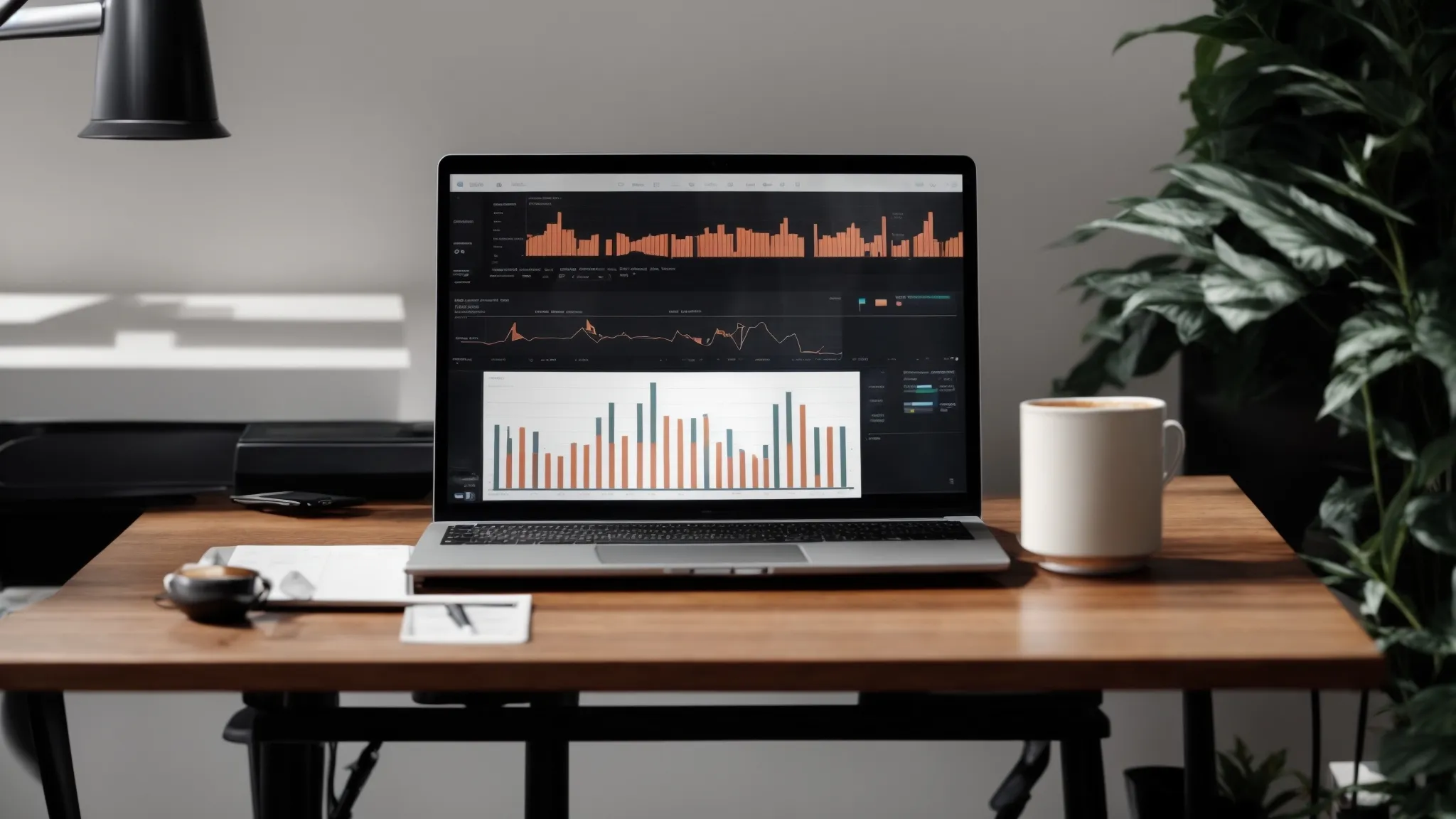 a laptop with graphs and analytics displays on the screen sits on a simple work desk surrounded by marketing strategy notes and a cup of coffee.