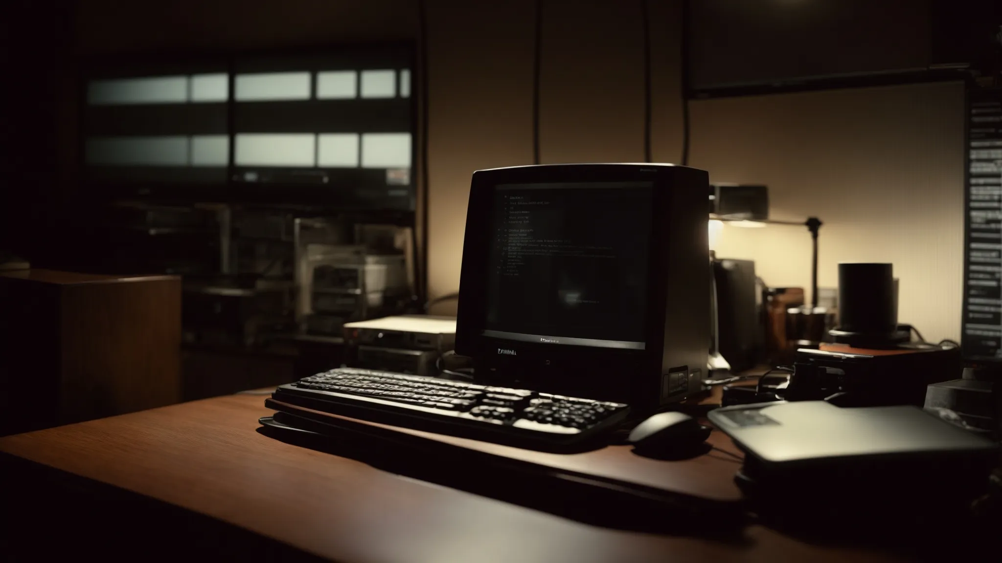 a dimly lit office with an outdated computer displaying a search engine home page.