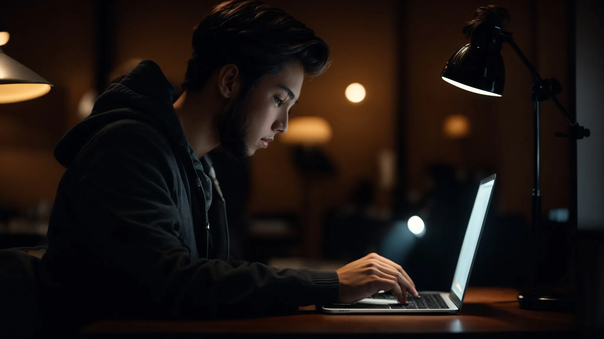 a focused individual types on a laptop, optimizing a webpage under the glow of a desk lamp.