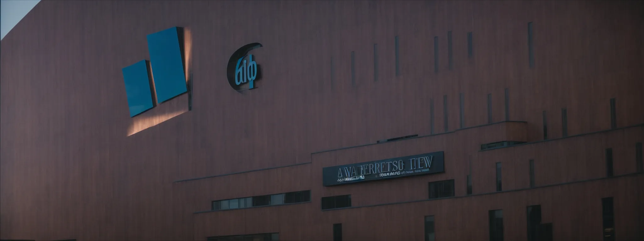 a law firm's modern office with a prominent sign, located in a bustling downtown area.