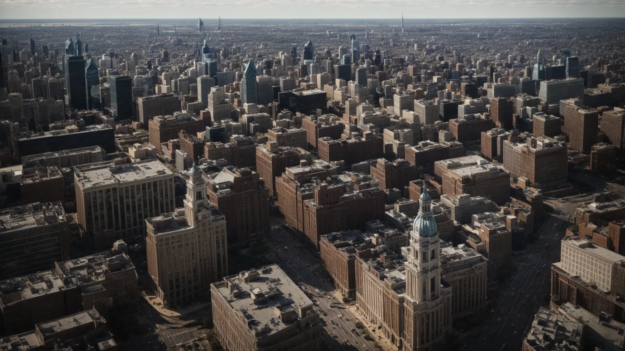 an aerial view of philadelphia's bustling city landscape highlighting iconic buildings and the intertwining network of streets.