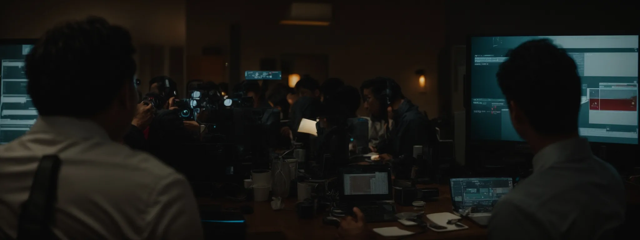 a group of professionals gather around a computer, exploring a sleek time tracking interface on the screen.