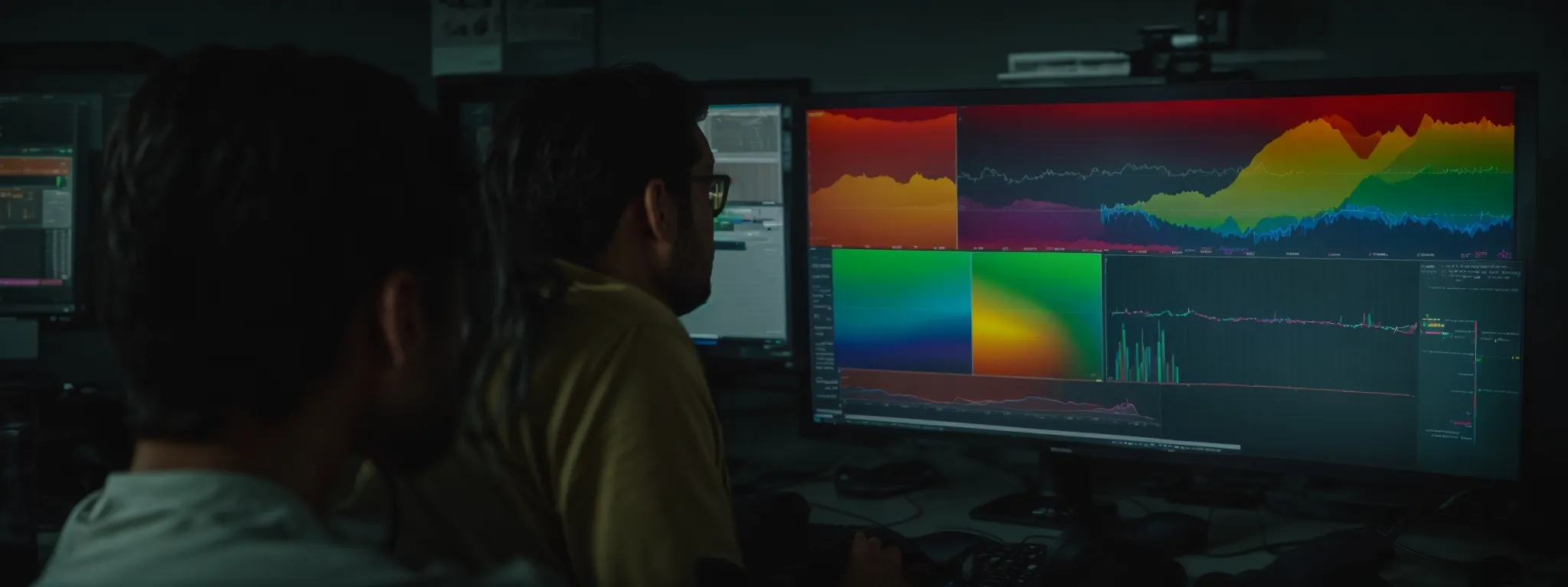 a team gathered around a large computer monitor, intently analyzing a colorful analytics dashboard.