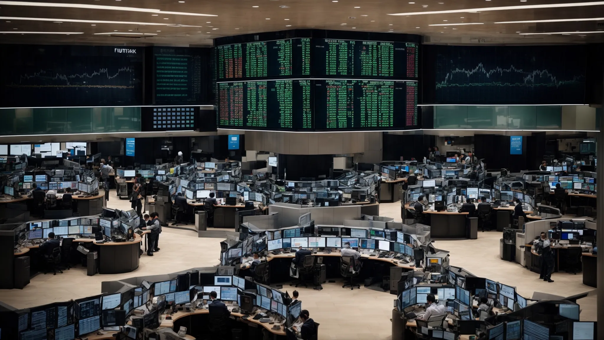 a bustling, dynamic stock market trading floor symbolizing the competitiveness and visibility in the digital marketplace influenced by seo strategies.