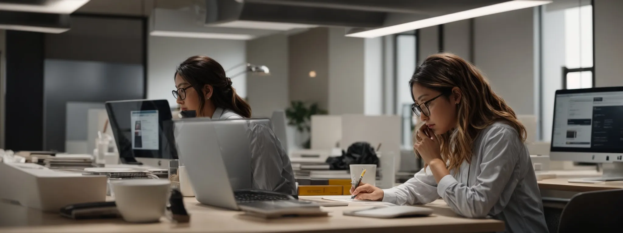 a focused individual typing on a laptop in a well-lit, organized office space, reflecting a serene environment for crafting seo-friendly content.