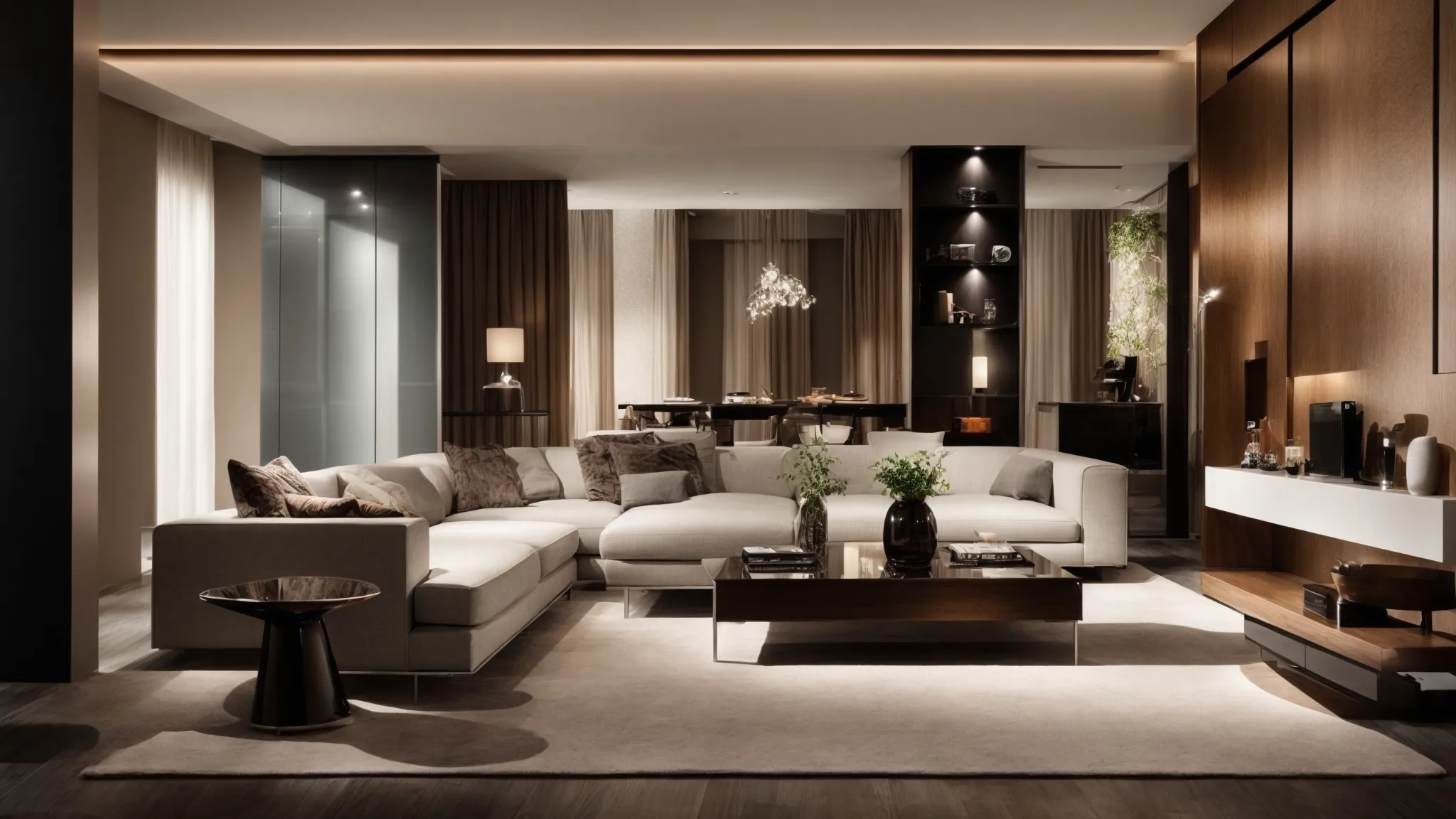 a sleek, modern living room with polished surfaces and contemporary furniture arranged meticulously under soft, elegant lighting.