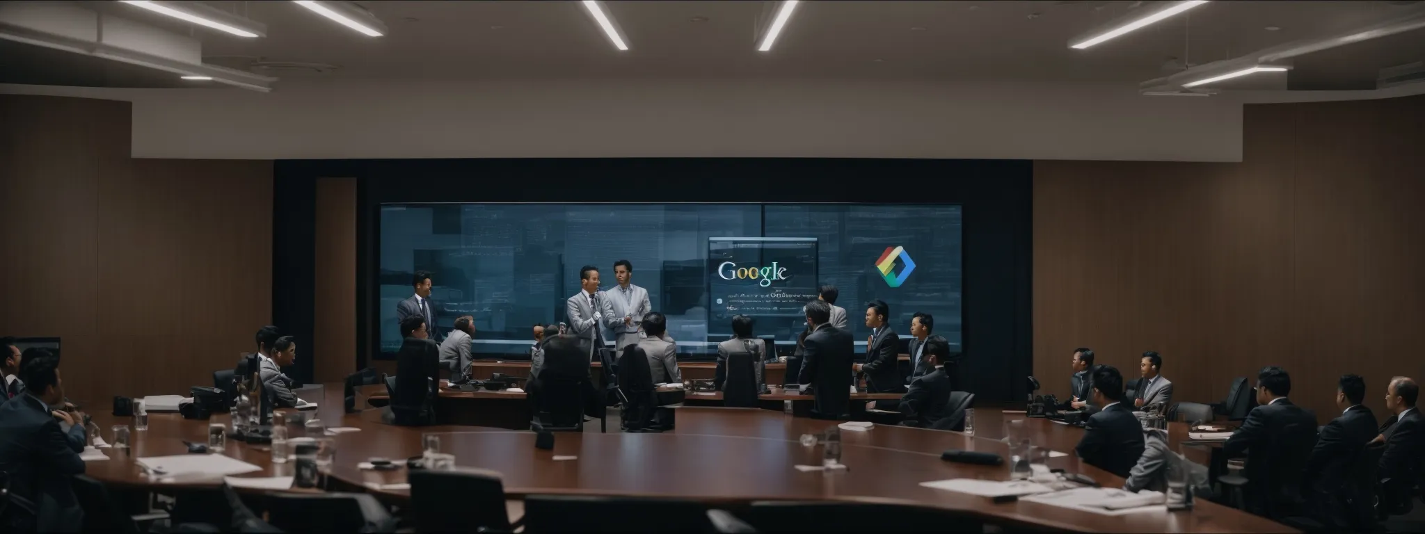 a conference room with officials seated around a table, deep in discussion with a large screen displaying the google logo visible in the background.