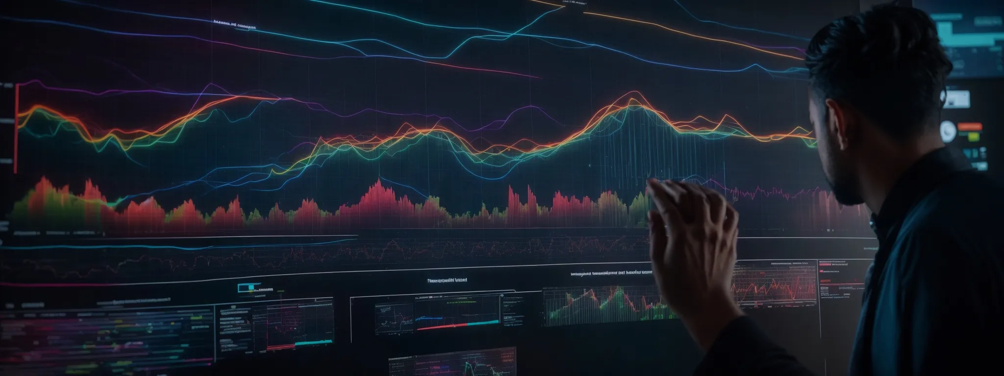 a person interacts with an immersive, large touchscreen displaying colorful graphs and interactive data charts.