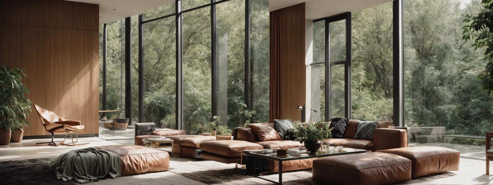 a modern, sleek living room bathed in natural light filtering through large, energy-efficient glass windows with a view of greenery outside.