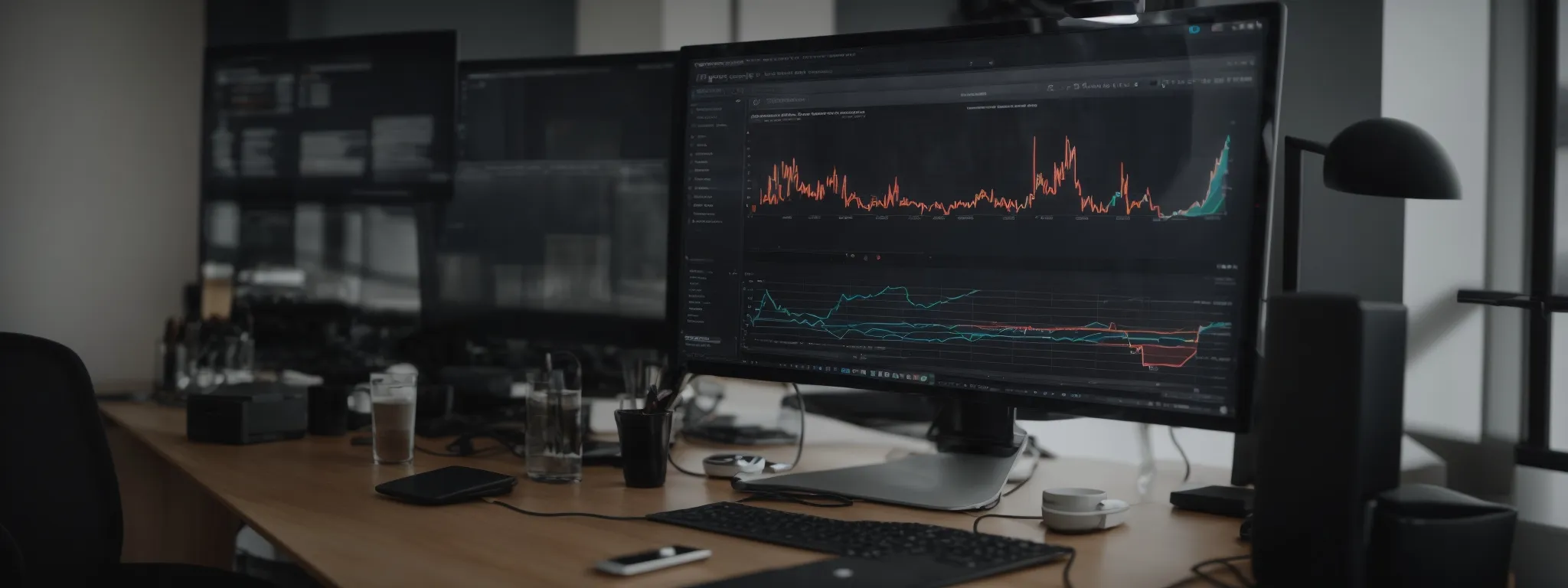 a professional seo strategist showcases a graph on a screen, highlighting peak performance areas to a focused team in a modern office setting.