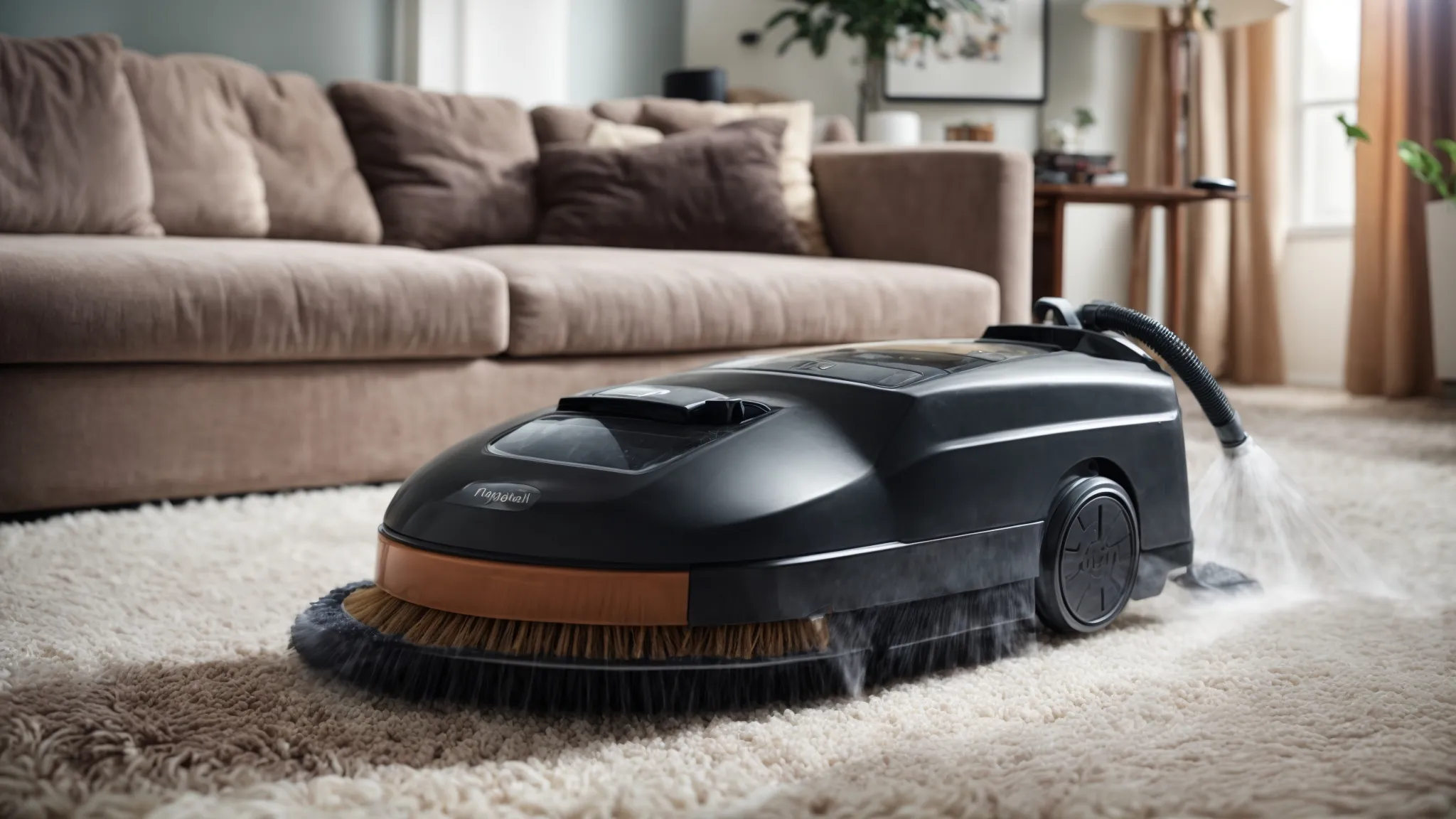 a professional carpet cleaning machine deep cleans a soiled carpet within a bright living room.