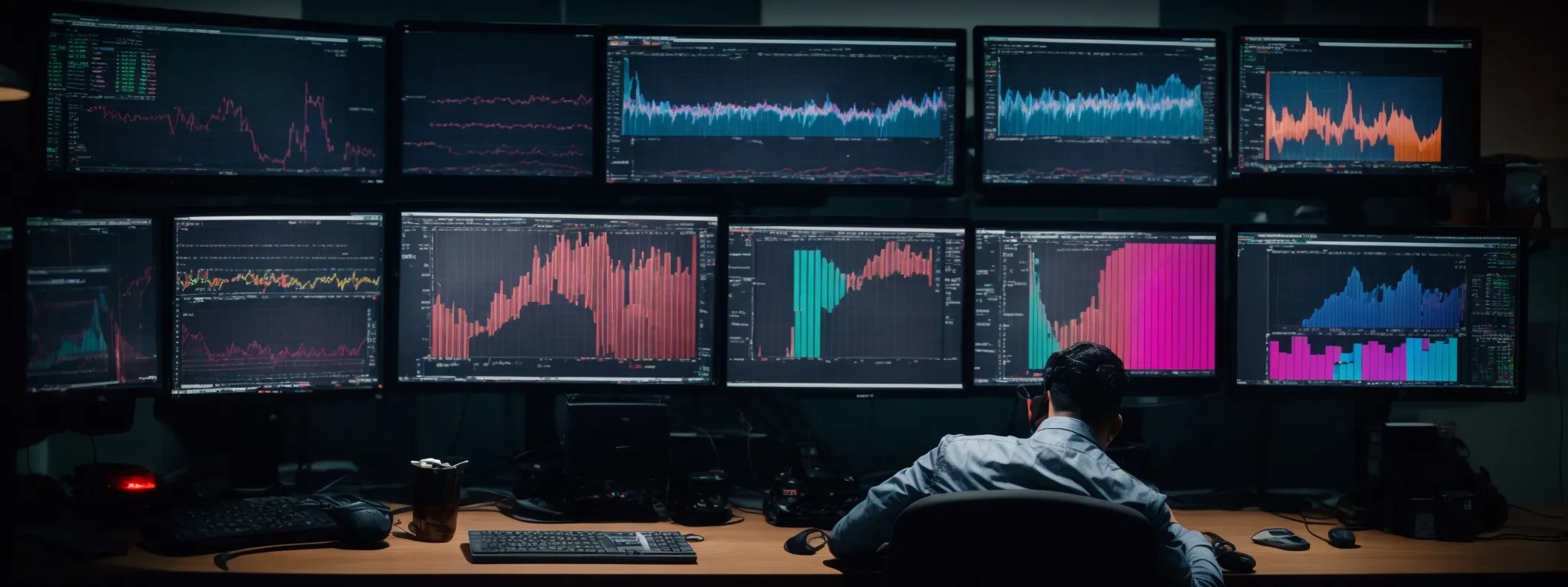 a person sits before multiple computer screens, analyzing a colorful data dashboard for seo strategies.