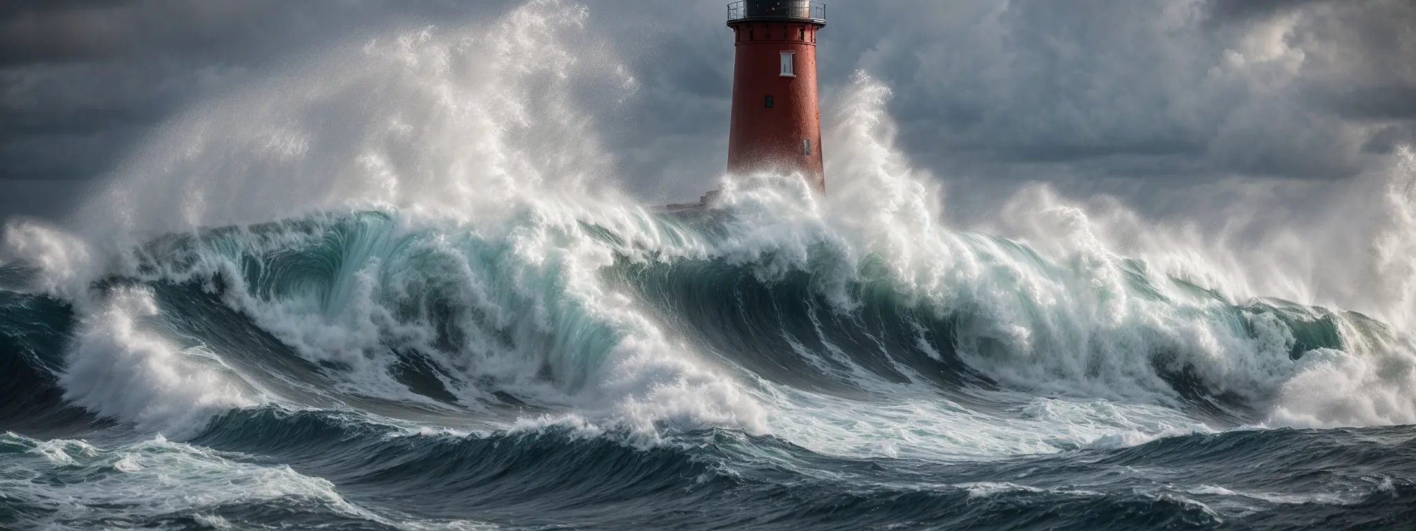 a stormy sea crashing against a lighthouse, symbolizing the turbulent impact of negative seo on a website's stability.