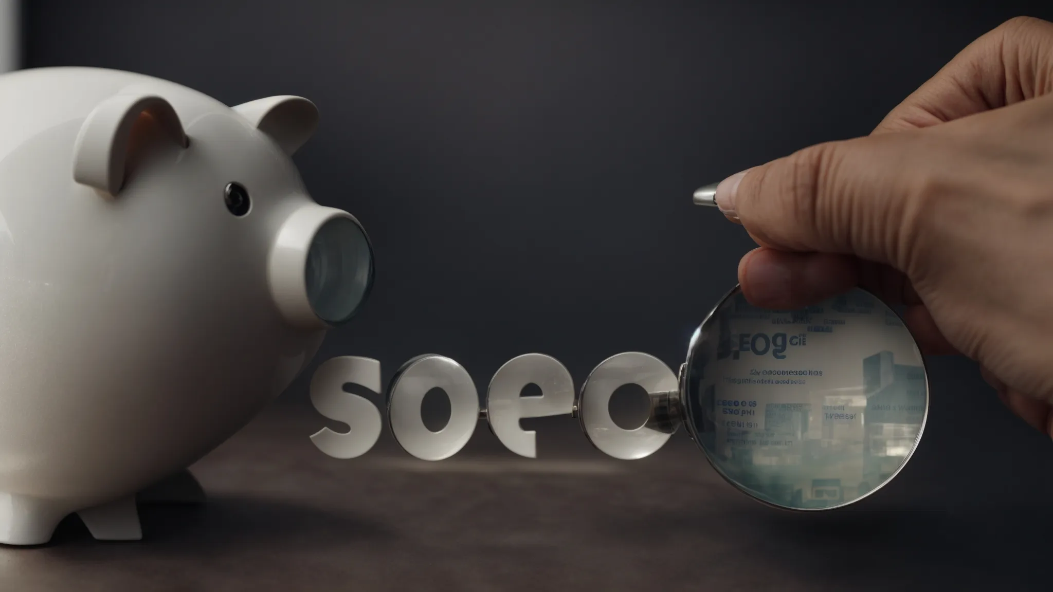 an image showing two businesspeople, one holding a magnifying glass over the word "seo" and the other placing a coin into a piggy bank labeled "ppc".