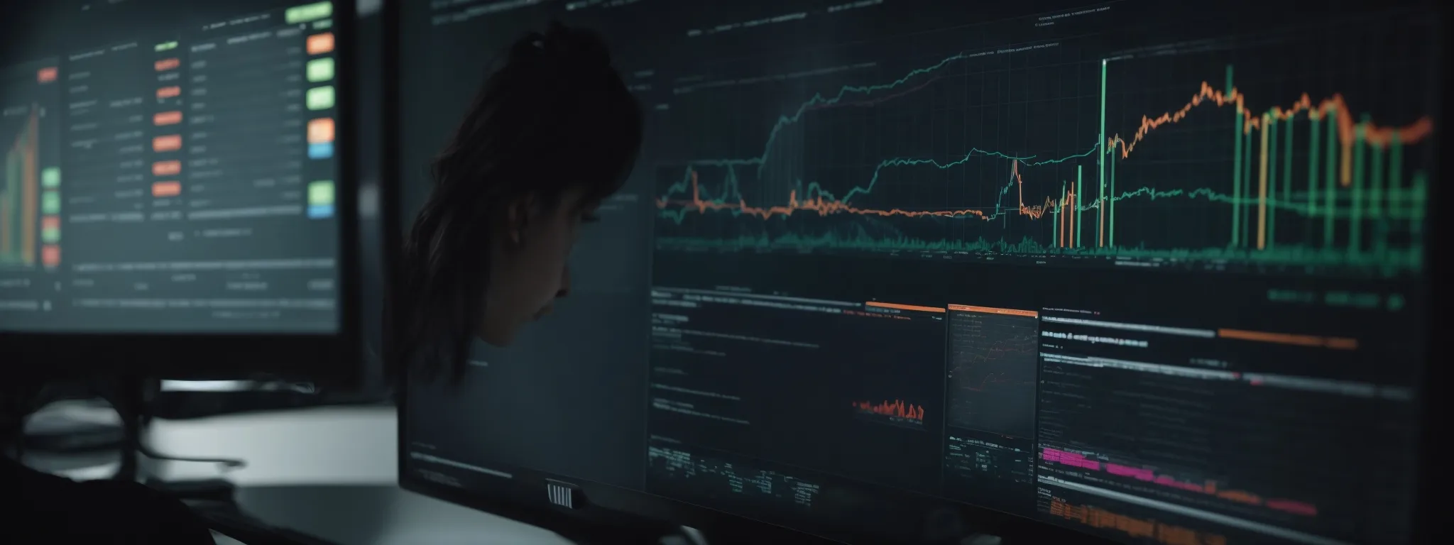 a focused individual scrutinizes a vibrant graphs and charts on a computer screen, symbolizing the analysis of keyword trends for amazon optimization.