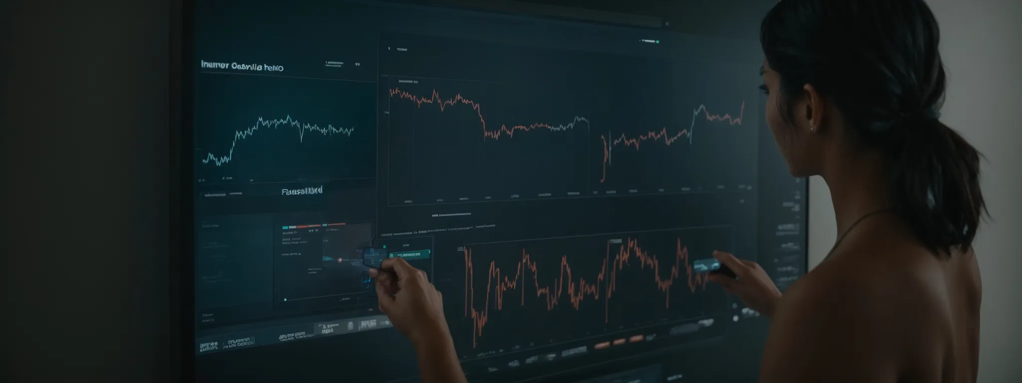 a person thoughtfully interacting with a touch screen interface displaying a web analytics dashboard.