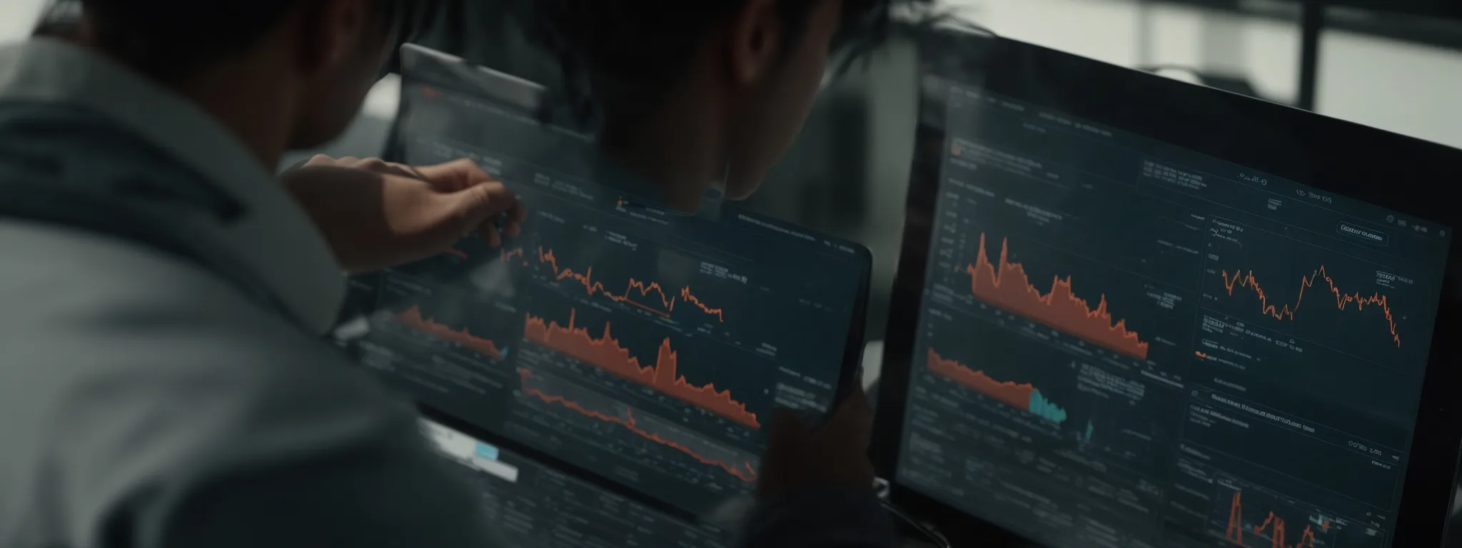a marketer analyzes a complex analytics dashboard on a computer screen, revealing search trends and keyword performance.