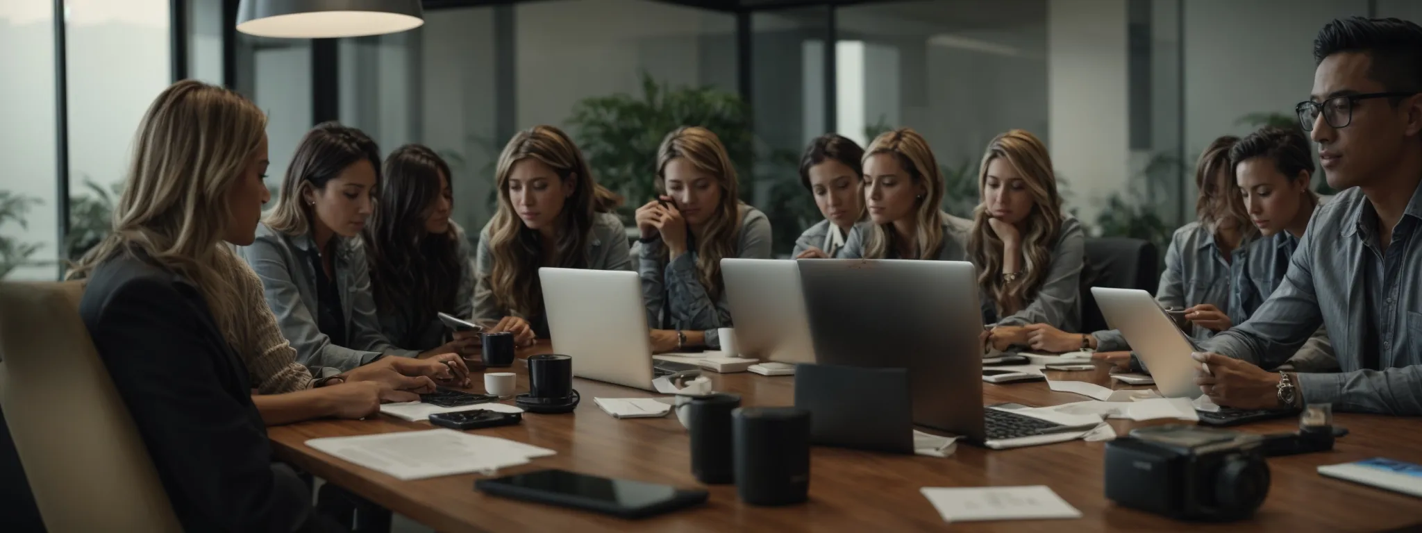 a group of professionals congregating around a conference table, engaging with multiple digital devices, symbolizing collaboration on marketing technology.