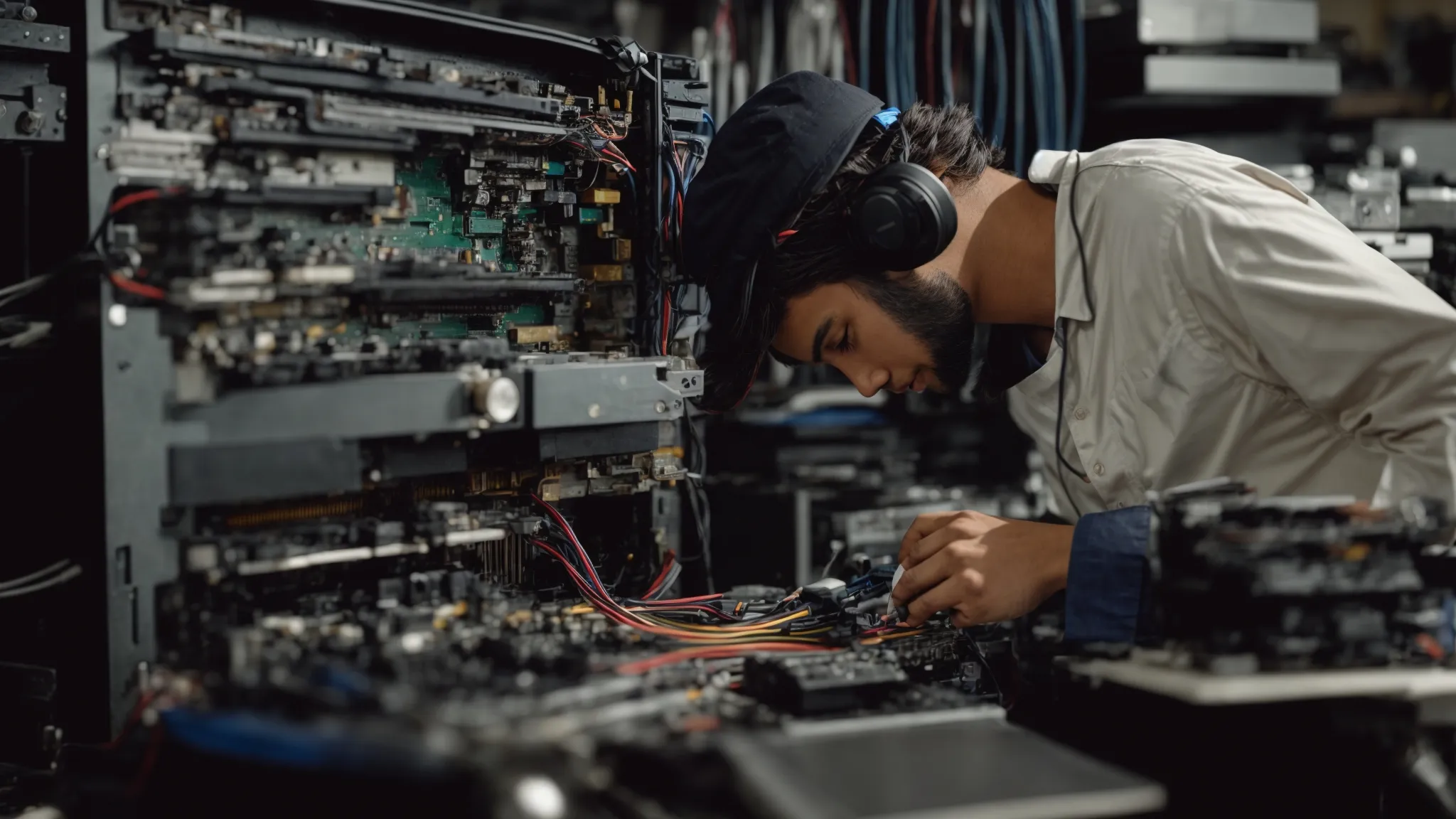 a computer technician skillfully repairs a desktop pc in a well-organized, tool-filled repair shop.