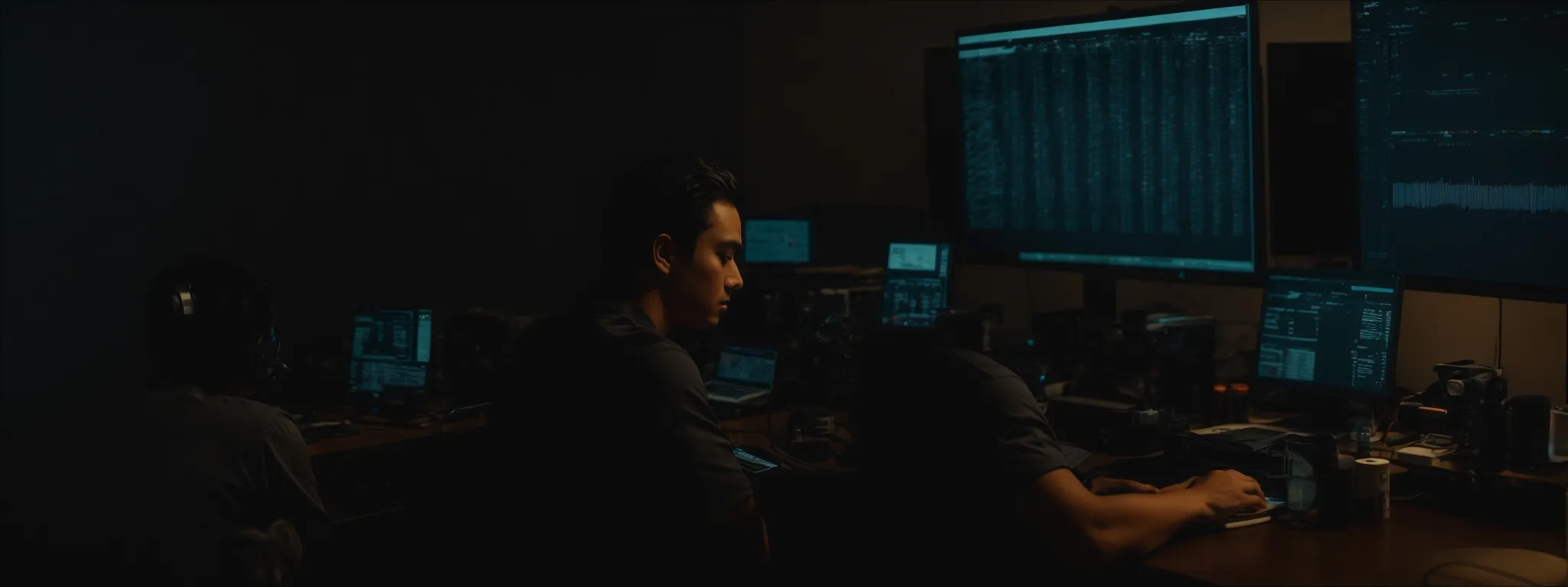 a filmmaker sits before a computer screen, editing software open with a timeline of clips visible in a dimly lit room.
