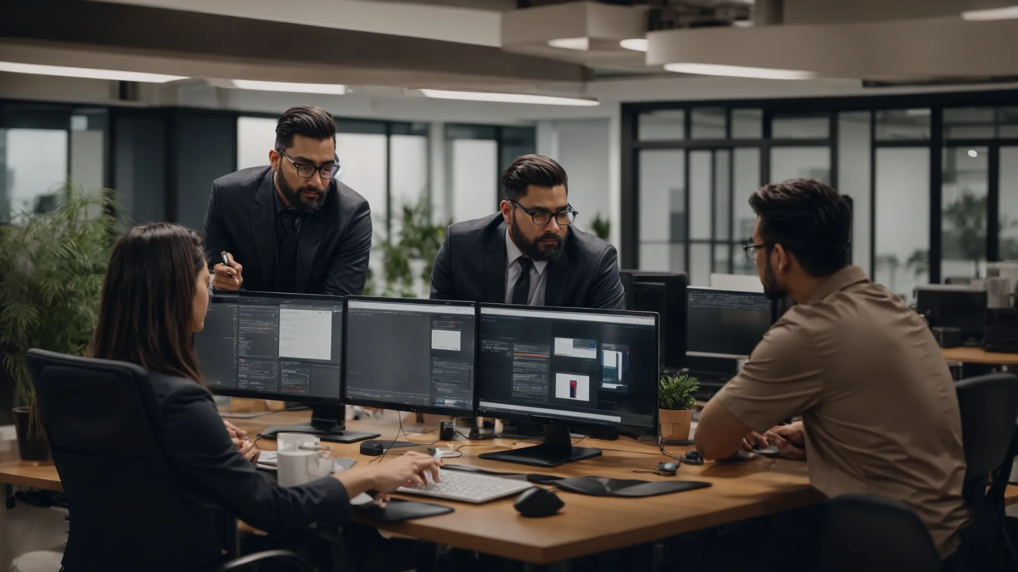 a digital marketing team intently strategizes around a computer in a modern office setting.