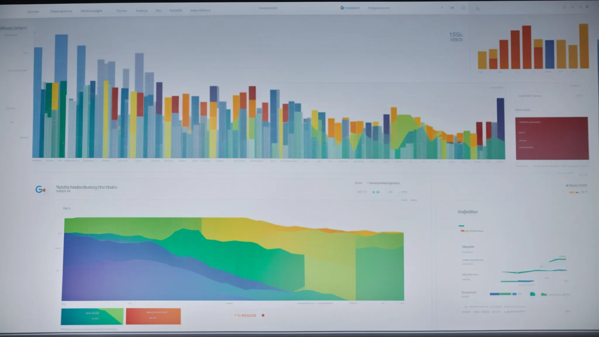 a marketer presents a polished google data studio dashboard on a computer screen, showcasing colorful charts and graphs.