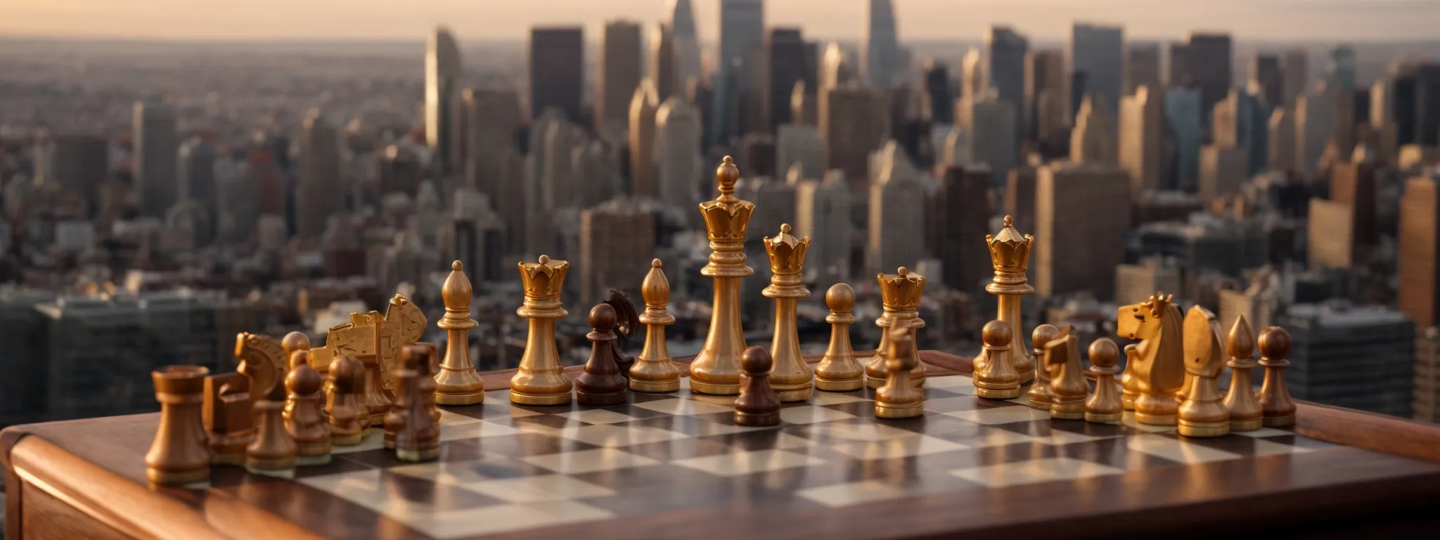 a chessboard with a single king piece strategically positioned, overlooking the skyline of a bustling american cityscape at sunset.