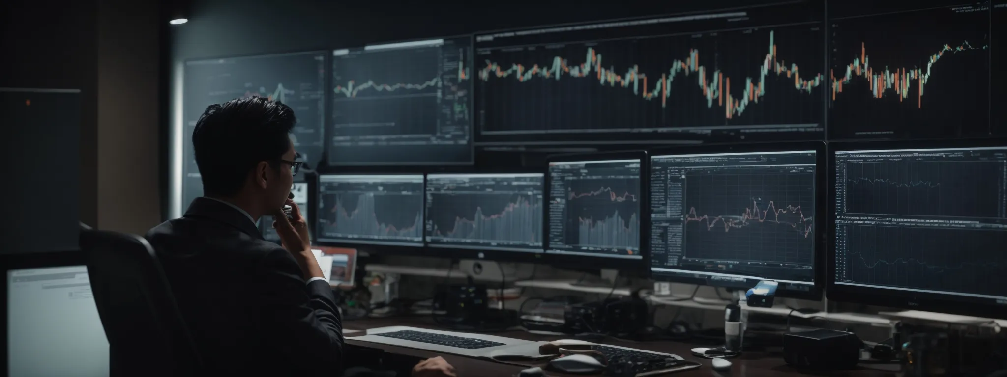 a professional at a computer analyzing complex data charts representing website seo performance.