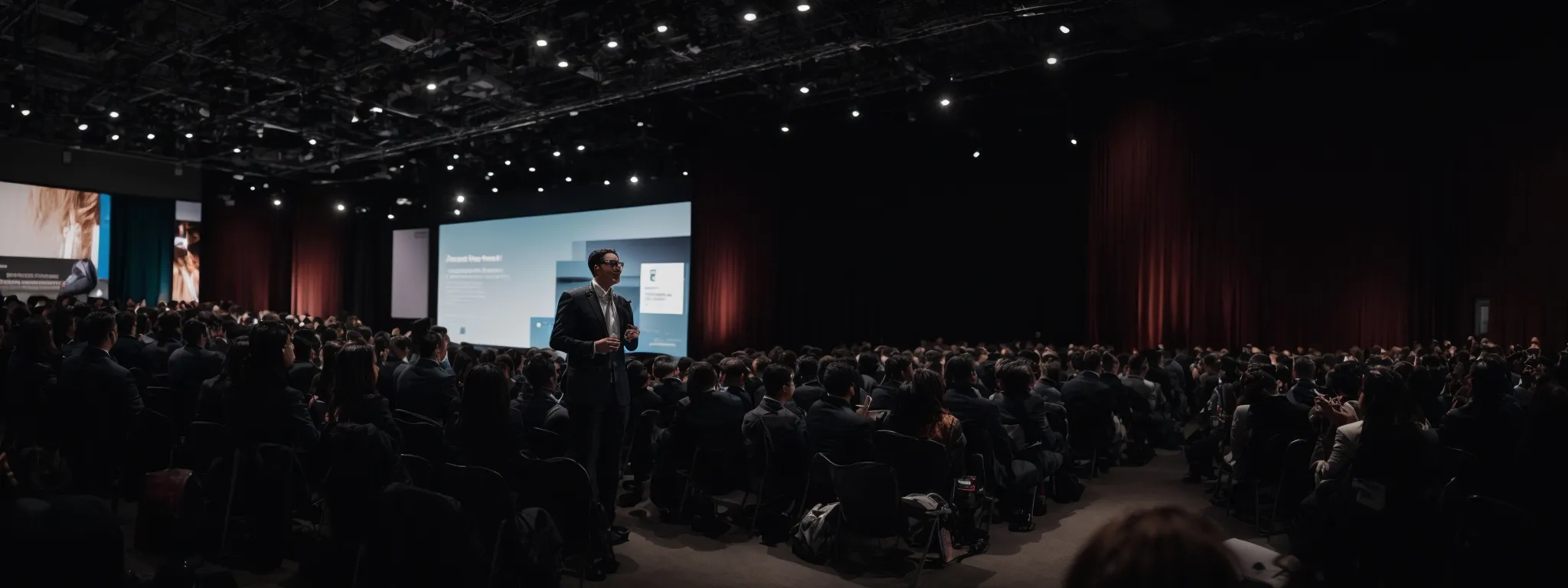 a visionary marcus tober presenting at a tech conference, unveiling the future of search experience optimization to an engaged audience.