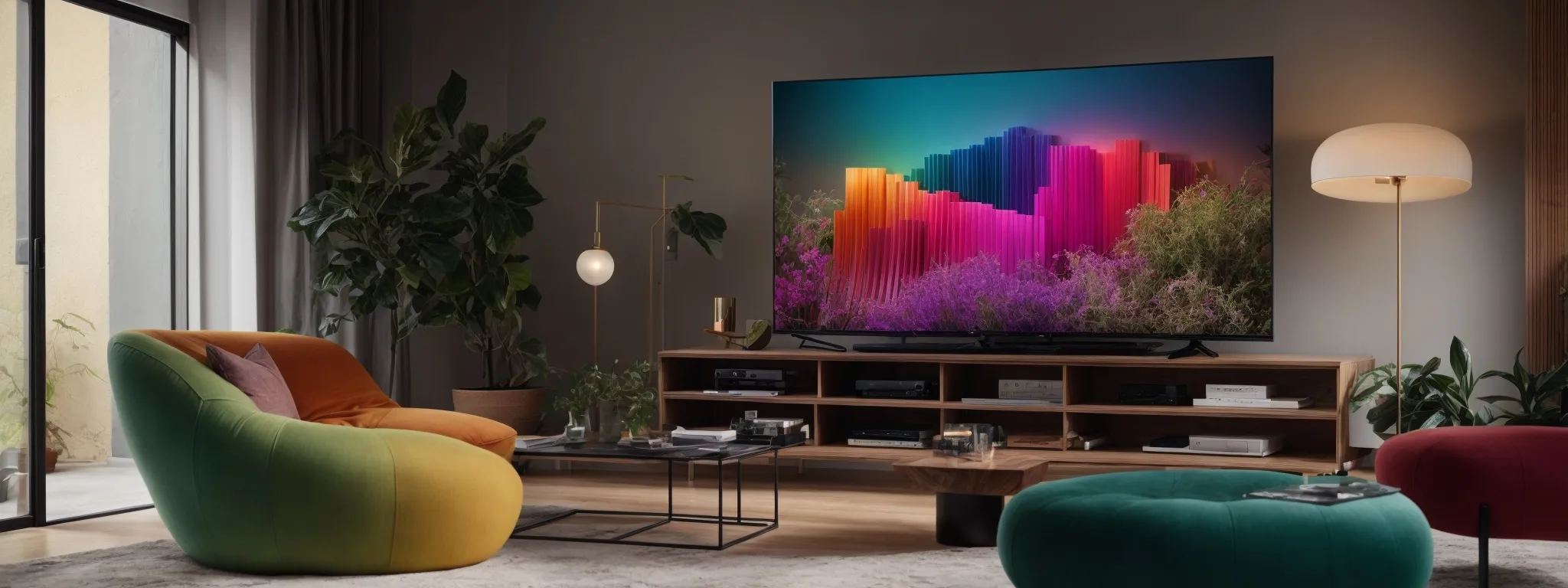 a modern living room with a sleek google tv displaying a colorful graph, symbolizing the evolution of seo in the streaming era.