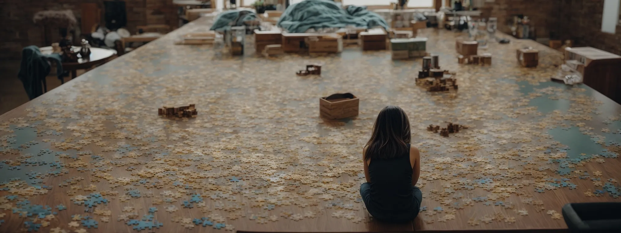 a focused individual contemplates over a complex jigsaw puzzle spread out on a table.