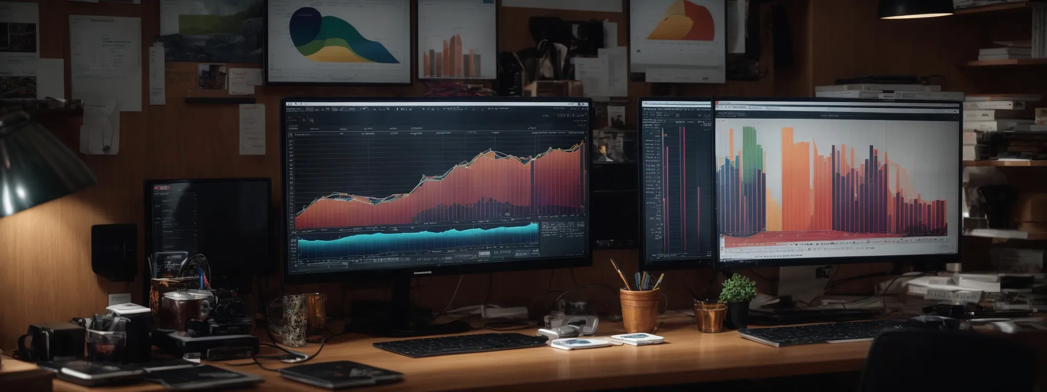 a cluttered desk with dual computer monitors showcasing colorful graphs and marketing analytics dashboards.