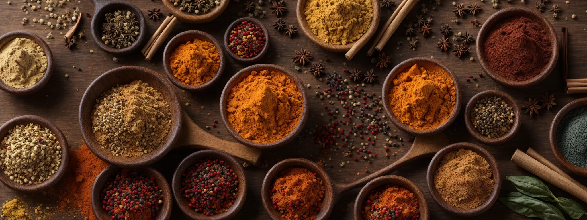 a diverse collection of colorful spices spread out on a table, representing the range needed in a keyword strategy.