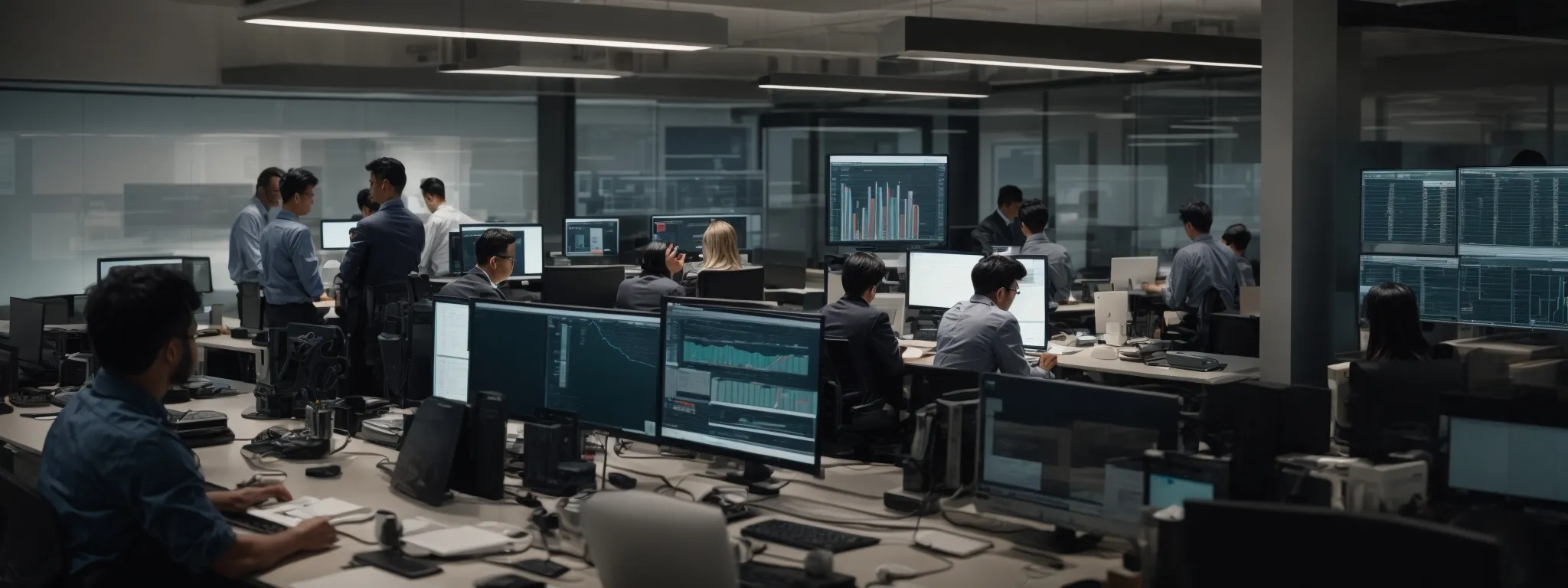 a well-lit office space where a team of professionals intently studies analytics dashboards on large computer screens.