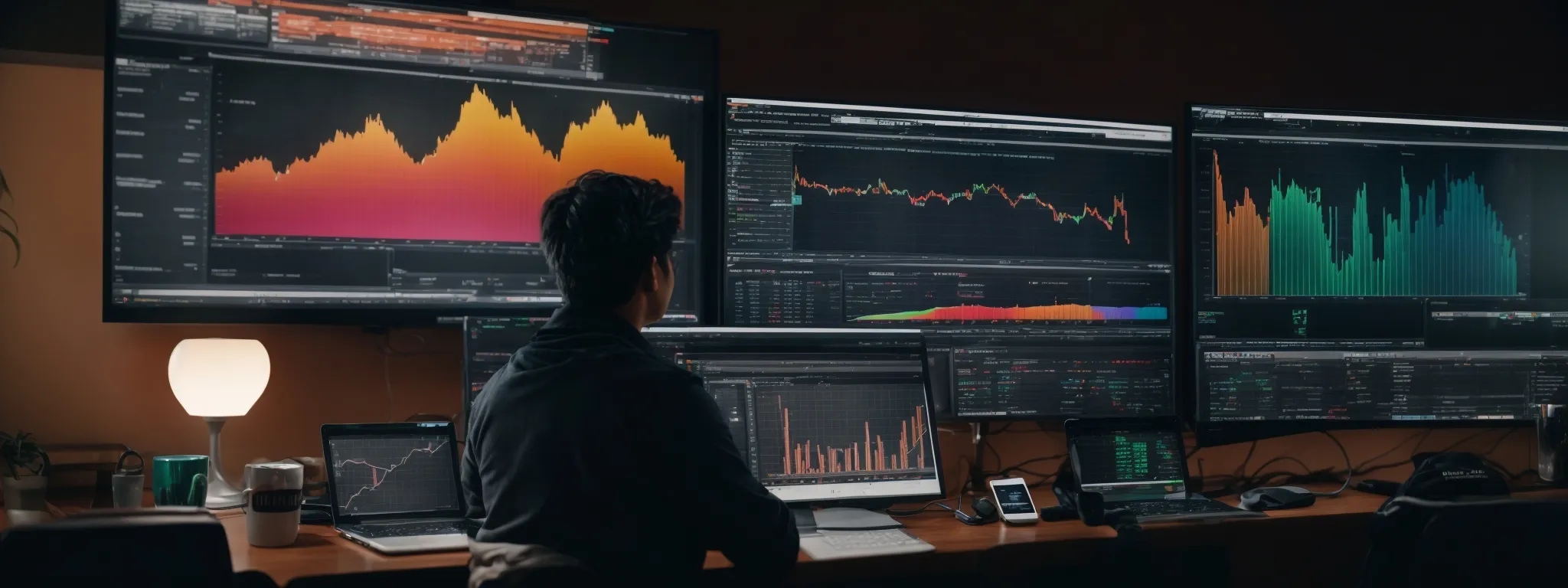 a person intently analyzes data on a computer screen displaying colorful charts and graphs related to website traffic and performance metrics.