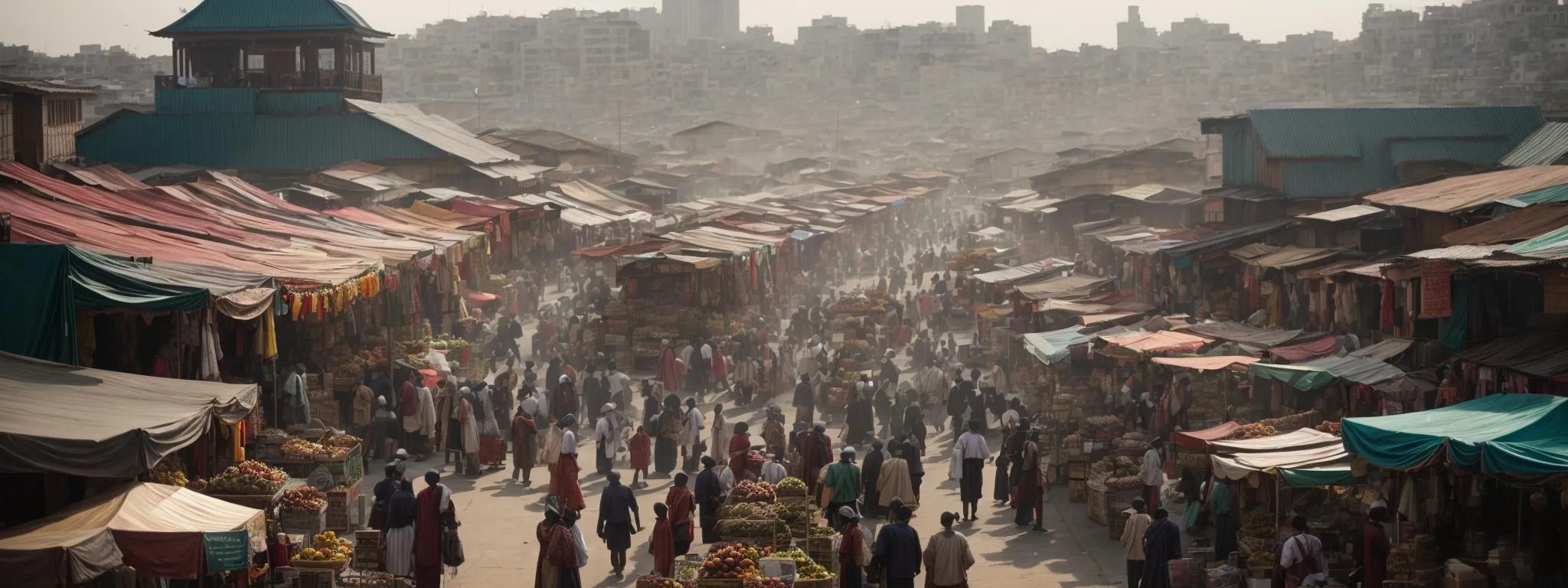 a bustling local market with diverse stalls and a visible skyline suggesting a vibrant city blending local and global commerce.